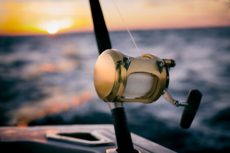 fishing rod on boat at sunset